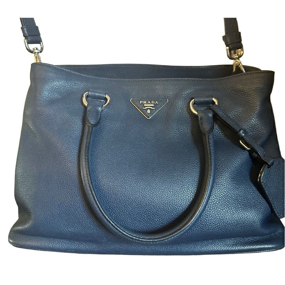 Prada navy blue pebble leather two way shoulder crossbody bag silver hardware